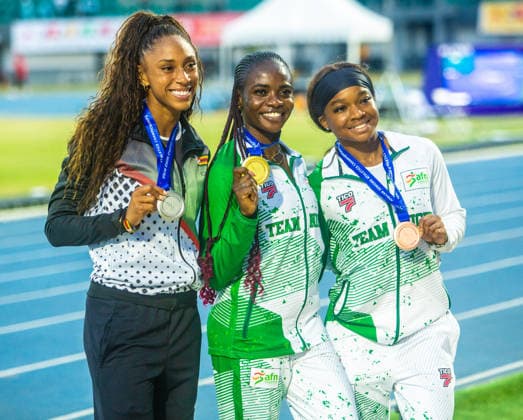 Ashley Kamangirira (Zimbabwe) x Tobi Amusan x Adaobi Tabugbo (Nigeria) in action after the medal presentation for the Women s 100m hurdles event, at the 2026 African Senior Athletics Championship in Accra, Ghana. Photo by Adeniyi Muyiwa Copyright: xAdeniyixMuyiwax
