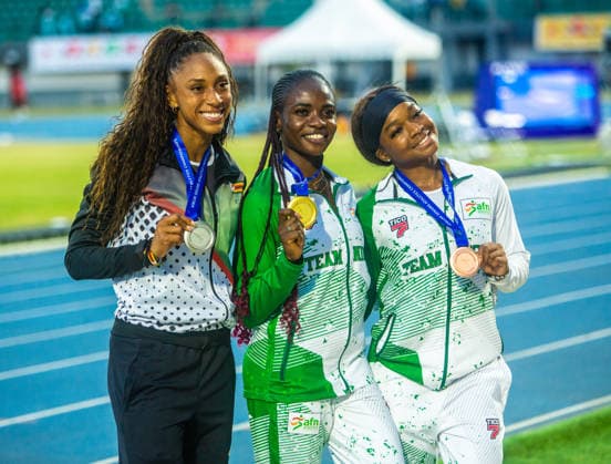 Ashley Kamangirira (Zimbabwe) x Tobi Amusan x Adaobi Tabugbo (Nigeria) in action after the medal presentation for the Women s 100m hurdles event, at the 2026 African Senior Athletics Championship in Accra, Ghana. Photo by Adeniyi Muyiwa Copyright: xAdeniyixMuyiwax
