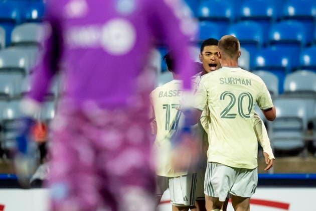 May 13, 2026, Montreal, Pq, Canada: Portland Timbers Kevin Kelsy (back centre) celebrates after scoring on CF Montreal goalkeeper Thomas Gillier during first half MLS, Fussball Herren, USA soccer action in Montreal on Wednesday, May 13, 2026. Canada News - May 13, 2026  - ZUMAc35_ 20260513_zaf_c35_167 Copyright: xChristopherxKatsarovx