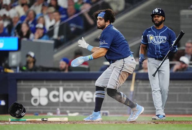 May 13, 2026, Toronto, On, CANADA: Tampa Bay Rays Jonathan Aranda (left) celebrates after scoring against the Toronto Blue Jays as Cedric Mullins looks on during seventh inning MLB, Baseball Herren, USA baseball action in Toronto on Wednesday, May 13, 2026. Canada News - May 13, 2026  - ZUMAc35_ 20260513_zaf_c35_170 Copyright: xNathanxDenettex