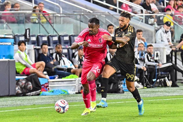 ST. LOUIS, MO - MAY 13: Conrad Wallem (6) of the St. Louis CITY SC and Denis Bouanga (99) of the Los Angeles Football Club battle for control of the ball during the MLS, Fussball Herren, USA regular season match where St. Louis CITY SC hosted Los Angeles Football Club on Wednesday May 13th, 2026, at Energizer Park in St. Louis City, MO. (Photo by Rick Ulreich Icon Sportswire) SOCCER: MAY 13 MLS St. Louis CITY SC vs Los Angeles Football Club EDITORIAL USE ONLY Icon26051335