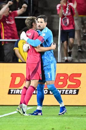 ST. LOUIS, MO - MAY 13: Daniel Edelman (24) of the St. Louis CITY SC and Roman Burki (1) of the St. Louis CITY SC celebrate their teams victory during the MLS, Fussball Herren, USA regular season match where St. Louis CITY SC hosted Los Angeles Football Club on Wednesday May 13th, 2026, at Energizer Park in St. Louis City, MO. (Photo by Rick Ulreich Icon Sportswire) SOCCER: MAY 13 MLS St. Louis CITY SC vs Los Angeles Football Club EDITORIAL USE ONLY Icon26051343