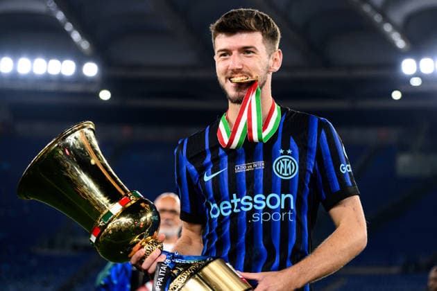 Petar Sucic of FC Internazionale celebrates with the trophy at the end of the 2025 2026 Coppa Italia football final between SS Lazio and FC Internazionale at Stadio Olimpico in Rome (Italy), May 13, 2026. AndreaxStaccioli