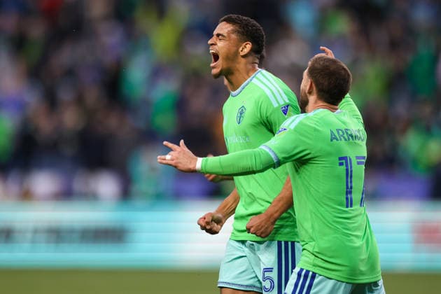 SEATTLE, WA - MAY 13: Forward Osaze De Rosario 95 of the Seattle Sounders reacts after scoring a goal during a game between the San Jose Earthquakes and Seattle Sounders on May 13, 2026 at Lumen Field in Seattle, Washington. (Photo by Henry Rodenburg Icon Sportswire) SOCCER: MAY 13 MLS, Fussball Herren, USA Seattle Sounders FC vs San Jose Earthquakes EDITORIAL USE ONLY Icon26051310