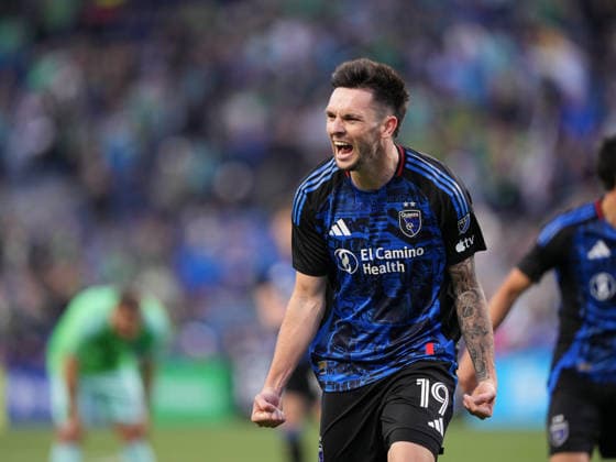 SEATTLE, WA - May 13, 2026: San Jose forward Preston Judd 19 celebrates his 2nd half goal during an MLS, Fussball Herren, USA match between the Seattle Sounders and the San Jose Earthquakes on May 13, 2026 at Lumen Field in Seattle, WA. (Photo by Jeff Halstead Icon Sportswire) . SOCCER: MAY 13 MLS Seattle Sounders FC vs San Jose Earthquakes EDITORIAL USE ONLY Icon260513006