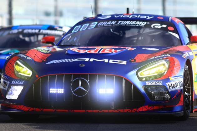 Daniel Juncadella Jules Gounon Lucas Auer Max Verstappen Mercedes AMG Team Verstappen Racing with shining headlights on the Nürburgring race track Mercedes AMG at the 24h Nürburgring Copyright: xMichaelxGelhardtx