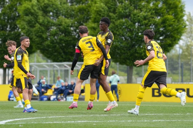 Thursday, 14 05 2026 Season 2025 2026 Final U17 Westfalenpokal at BVB Fußballpark Hohenbuschei, Dortmund, Germany BV Borussia Dortmund U17 VfL Bochum U17 Goal celebration after the 1 1 by Idriss Junior Jeremi Coulibaly BVB