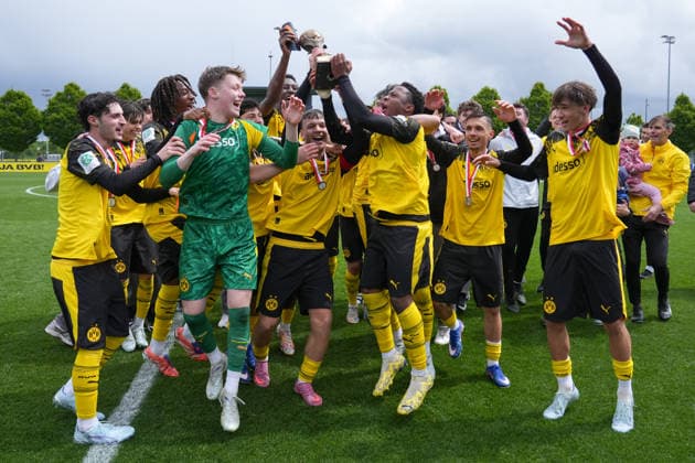 Thursday, 14 05 2026 Season 2025 2026 Final U17 Westfalenpokal at BVB Fußballpark Hohenbuschei, Dortmund, Germany BV Borussia Dortmund U17 VfL Bochum U17 BVB U17 celebrates winning the Westfalenpokal