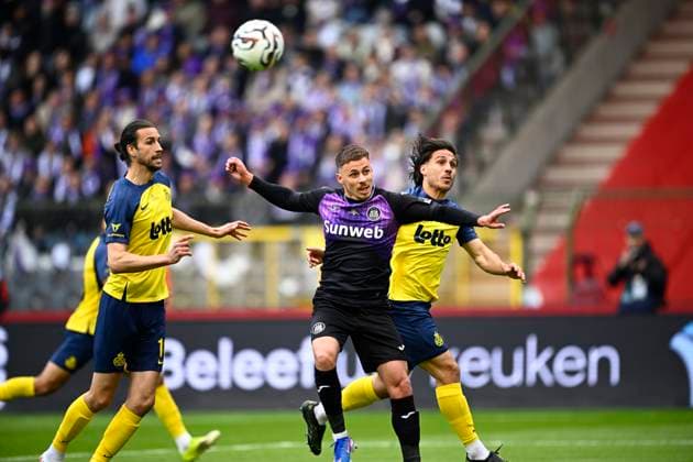 Royale Union Saint-Gilloise v RSC Anderlecht - Belgian Croky Cup Final BRUSSELS, BELGIUM - MAY 14 : Burgess Christian defender of Royale Union Saint-Gilloise, Hazard Thorgan midfielder of RSC Anderlecht, Mac Allister Kevin defender of Royale Union Saint-Gilloise during the Belgian Croky Cup final match between Royale Union Saint-Gilloise and RSC Anderlecht on May 14, 2026 in Brussels, Belgium, 14 05 2026 Brussels Belgium  Copyright: xTomasxSiskx