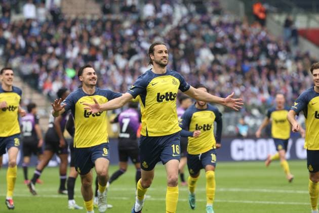 Union s Christian Burgess celebrates after scoring the 1 - 0 goal which will be cancell because a off-side during a soccer game between Royale Union Saint-Gilloise and RSC Anderlecht, Thursday 14 May 2026 in Brussels, the final of the Croky Cup Belgian soccer cup. VIRGINIExLEFOUR  x173857078x