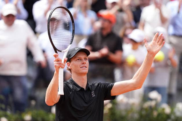 Celebration of Jannik Sinner of Italy during the match against Andrey Rublev of Russia at the Internazionali BNL d Italia 2026 tennis tournament at Foro Italico in Rome (Italy) on May, 14, 2026. AntoniettaxBaldassarre