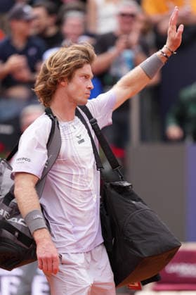 Andrey Rublev of Russia during the match against Jannik Sinner of Italy at the Internazionali BNL d Italia 2026 tennis tournament at Foro Italico in Rome (Italy) on May, 14, 2026. AntoniettaxBaldassarre