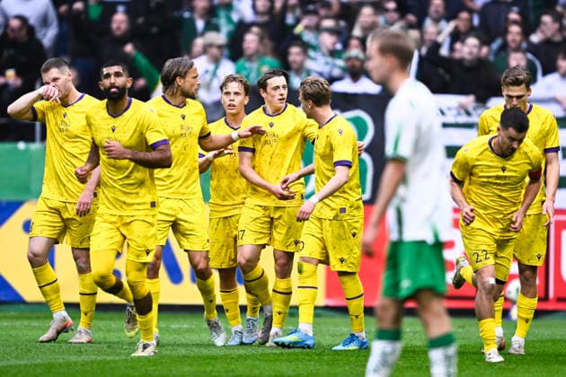STOCKHOLM, SWEDEN 20260514 Mjällby s Elliot Stroud 17 celebrates his goal, 1 0, with teammates during Thursday s final in the Swedish Cup between Mjällby AIF and Hammarby at the National Arena, Strawberry Arena STOCKHOLM SWEDEN x10430x  Copyright: xChristinexOlsson TTx FINAL SWEDISH CUP MJÄLLBY - HAMMARBY