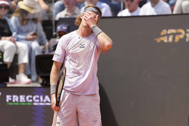 Dejection of Andrey Rublev of Russia during the match against Jannik Sinner of Italy at the Internazionali BNL d Italia 2026 tennis tournament at Foro Italico in Rome (Italy) on May, 14, 2026. AntoniettaxBaldassarre