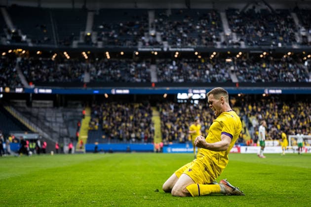 260514 Mjällbys Jacob Bergström celebrates after 2 1 during the final of the Swedish Cup between Mjällby and Hammarby on May 14, 2026 in Stockholm  Copyright: MAXIMxTHORE BB260514MT050