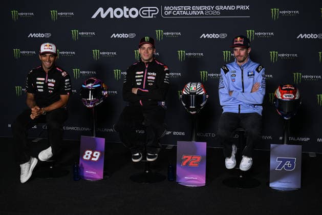 Ahead of MotoGP Catalonia Grand Prix BARCELONA, SPAIN - MAY 14: Jorge Martin (L) and Marco Bezzecchi (C) of the Aprilia Racing team along with Alex Marquez (R) of BK8 Gresini Racing MotoGP attend press conference, PK, Pressekonferenz ahead of the Catalonia Grand Prix, sixth round of the 2026 MotoGP World Championship, WM, Weltmeisterschaft held at the 4.66-kilometer Circuit de Barcelona-Catalunya in Barcelona, Spain on May 14, 2026. Burak Akbulut Anadolu Catalonia Spain. Editorial use only. Please get in touch for any other usage.  Copyright: x2026xAnadoluxBurakxAkbulutx