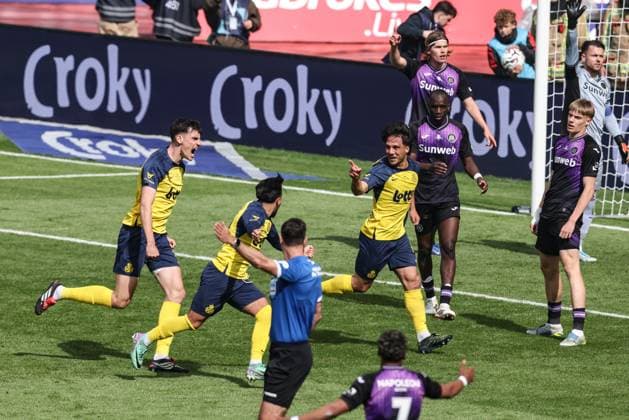 Union s Kevin Mac Allister celebrates after scoring during a soccer game between Royale Union Saint-Gilloise and RSC Anderlecht, Thursday 14 May 2026 in Brussels, the final of the Croky Cup Belgian soccer cup. BRUNOxFAHY  x173870533x