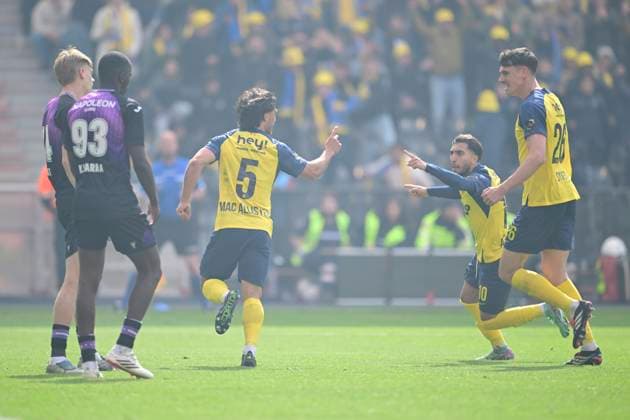 Royale Union Saint-Gilloise v RSC Anderlecht - Belgian Croky Cup Final BRUSSELS, BELGIUM - MAY 14 : Mac Allister Kevin defender of Royale Union Saint-Gilloise celebrates scoring a goal during the Belgian Croky Cup final match between Royale Union Saint-Gilloise and RSC Anderlecht on May 14, 2026 in Brussels, Belgium, 14 05 2026 Brussels Belgium  Copyright: xNicoxVereeckenx