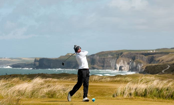 REPRO FREE *PRESS RELEASE NO REPRODUCTION FEE* EDITORIAL USE ONLY North of Ireland Men s Amateur Open, Royal Portrush Golf Club 14 5 2026 Richard Sykes tees off the 17th hole Richard Sykes tees off the 17th hole 14 5 2026  Copyright: x INPHO NickxElliottx AC016615