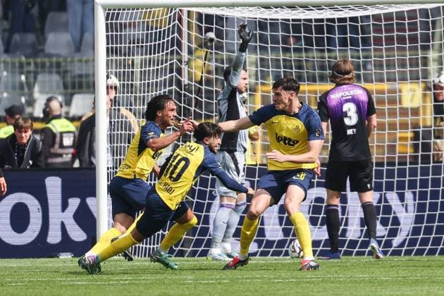 Union s Kevin Mac Allister scores a goal during a soccer game between Royale Union Saint-Gilloise and RSC Anderlecht, Thursday 14 May 2026 in Brussels, the final of the Croky Cup Belgian soccer cup. VIRGINIExLEFOUR  x173871123x