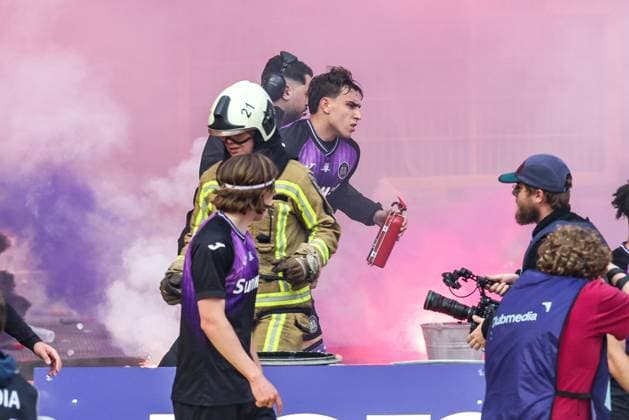 Anderlecht s Mihajlo Cvetkovic celebrates after scoring during a soccer game between Royale Union Saint-Gilloise and RSC Anderlecht, Thursday 14 May 2026 in Brussels, the final of the Croky Cup Belgian soccer cup. BRUNOxFAHY  x173871228x