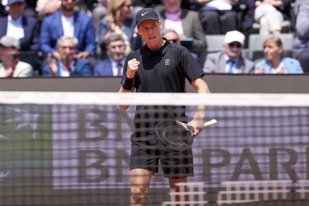 Jannik Sinner of Italy celebrates during the match against Andrey Rublev of Russia at the Internazionali BNL d Italia 2026 tennis tournament at Foro Italico in Rome (Italy) on May, 14, 2026. AntoniettaxBaldassarre
