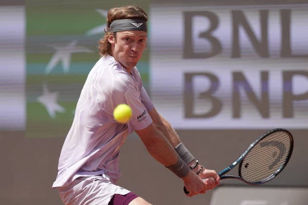 Andrey Rublev of Russia in action during the match against Jannik Sinner of Italy at the Internazionali BNL d Italia 2026 tennis tournament at Foro Italico in Rome (Italy) on May, 14, 2026. AntoniettaxBaldassarre