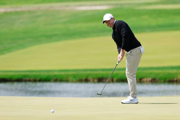 Rory McIlroy of Northern Ireland putts on the 17th green during the first round of the 2026 PGA, Golf Herren Championship at Aronimink Golf Club in Newtown Square, Pennsylvania, on Thursday, May 14, 2026.  PHI20260514867 LAURENCExKESTERSON
