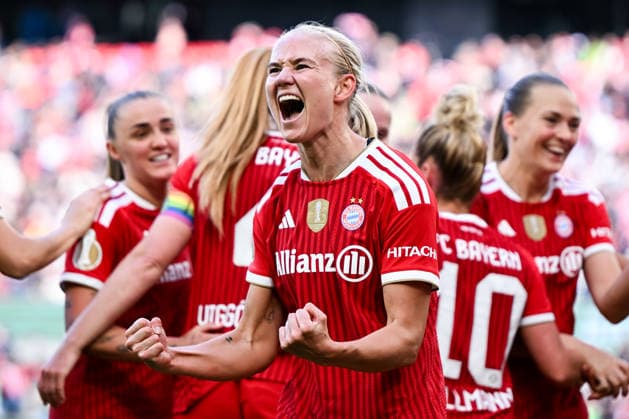 Pernille Harder FC Bayern Muenchen, 21 celebrates the goal to 0 2, GER, Women, DFB Pokal Final, VfL Wolfsburg vs FC Bayern München, 14 05 2025 DFB REGULATIONS PROHIBIT ANY USE OF PHOTOGRAPHS as IMAGE SEQUENCES and or QUASI VIDEO Women, DFB Pokal Final, VfL Wolfsburg vs FC Bayern München Köln Copyright: xEibner-Pressefoto FlorianxWiegandx EP_FWD