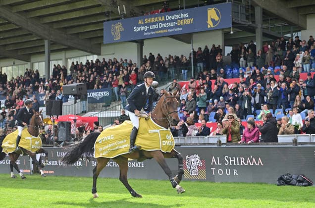 GER Al Shira aa German Jumping Dressage Derby Hamburg 14 05 2026, GER Al Shira aa German Jumping Dressage Derby Hamburg, Prize of Deutsche Vermögensberatung AG Championat von Hamburg, Al Shira aa CSI5 Tour in picture 2 place Edoard Schmitz SUI on Gamin vanÂ t Naastveldhof on the lap of honor nordphotoxGmbH xWitke nph00002