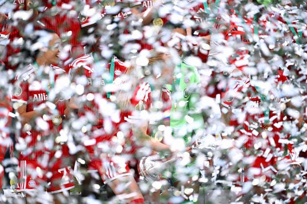 Football, Germany, Women, Season 2025 2026, DFB Cup Final, Rhein Energie Stadium Cologne, VfL Wolfsburg FC Bayern Munich 0 4 Jubel FC Bayern with Cup Jubel, joy, action