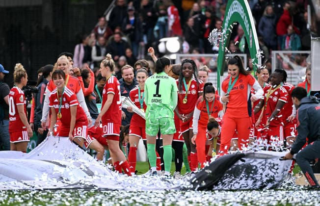 Football, Germany, Women, Season 2025 2026, DFB Cup Final, Rhein Energie Stadium Cologne, VfL Wolfsburg FC Bayern Munich 0 4 Jubel FC Bayern with Cup Jubel, joy, action