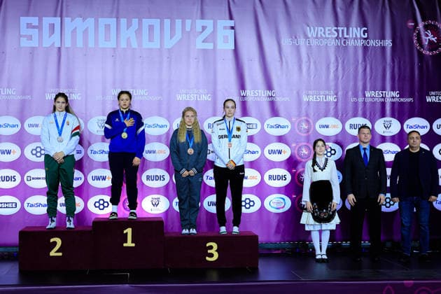 U17 Wrestling European Championships Podium 73kg WW Gold Solomiia Petriv UKR , Silver Bianka Barany Almasi HUN , Bronze Karina Muzalevskaia RUS , Lyra Lederer GER Copyright: xKostadinxAndonov xUnitedxWorldxWrestlingx Kostadin Andonov United World Wrestling