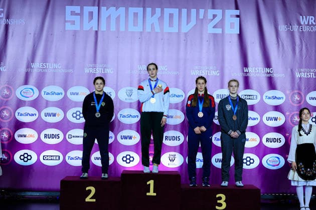 U17 Wrestling European Championships Podium 65kg WW Gold Palina Brahinets BLR , Silver Emma Leah Acar SWE , Bronze Margarita Lisita MDA , Mariia Grishchuk RUS Copyright: xKostadinxAndonov xUnitedxWorldxWrestlingx Kostadin Andonov United World Wrestling