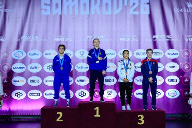 U17 Wrestling European Championships Podium 49kg WW Gold Olena Kolubai UKR , Silver Khadija Gurbanzada AZE , Bronze Madina Bayramova GER , Mihaela Bacos MDA Copyright: xKostadinxAndonov xUnitedxWorldxWrestlingx Kostadin Andonov United World Wrestling