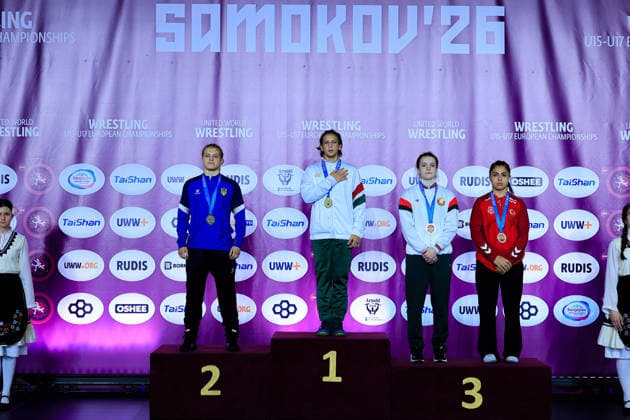 U17 Wrestling European Championships Podium 57kg WW Gold Janka Sillei HUN , Silver Mariia Poltorak UKR , Bronze Marharyta Danilevich BLR , Delal Kadir TUR Copyright: xKostadinxAndonov xUnitedxWorldxWrestlingx Kostadin Andonov United World Wrestling