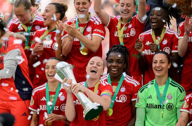 Award ceremony, cheering Glodis Perla VIGGOSDOTTIR M with the cup DFB Cup Womens Final 2026, VfL Wolfsburg WOB FC Bayern Muenchen M , on 14 05 2026 in Koeln Germany DFB regulations prohibit any use of photographs as image sequences and or quasi video Â