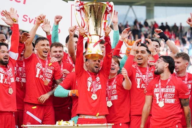 14 05 2026 Switzerland Soccer Men Super League Season 2025 2026 FC Thun BSC Young Boys ,FC THUN Swiss Champion Picture , Leonardo Bertone with trophy
