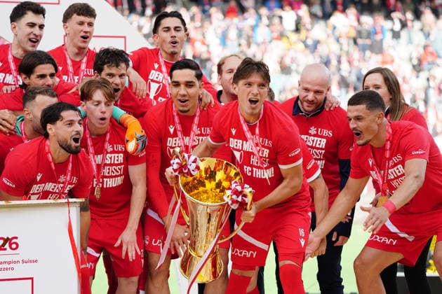 14 05 2026 Switzerland Soccer Men Super League Season 2025 2026 FC Thun BSC Young Boys ,FC THUN Swiss Champion picture ,Justin Roth with trophy