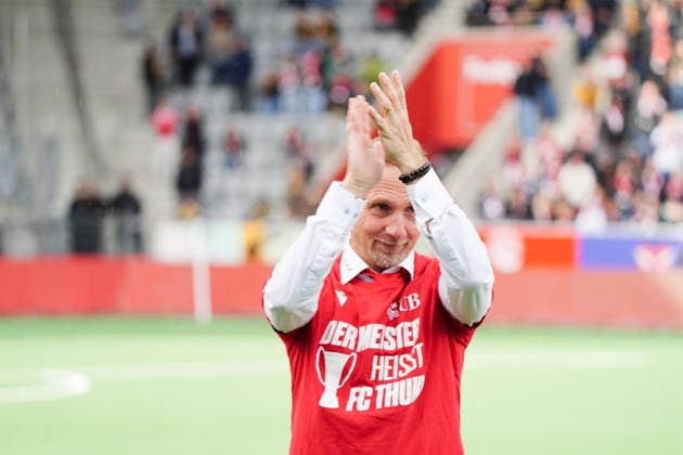 14 05 2026 Switzerland Soccer Men Super League Season 2025 2026 FC Thun BSC Young Boys ,FC THUN Swiss Champion picture ,Coach Mauro Lustrinelli