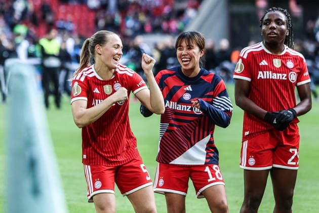 Sport, Football, DFB Pokal Women Season 2025 2026 Final VfL Wolfsburg FC Bayern Munich 14 05 2026, RheinEnergieSTADION Magdalena Eriksson FC Bayern Munich, 5 Momoko Tanikawa FC Bayern Munich, 18 Cologne RheinEnergieSTADION North Rhine-Westphalia Germany