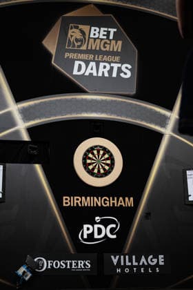 RECORD DATE NOT STATED 14th May 2026, Utilita Arena, Birmingham, Midlands, England; 2026 PDC Bet MGM Premier League Darts Night Fourteen; A view of the board and stage at the Utilita Arena Birmingham GodfreyxPitt
