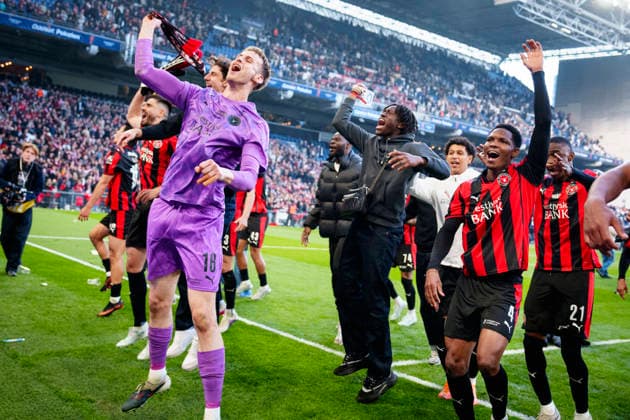 Oddset Cup FC Copenhagen FC Midtjylland FC Midtjyllands Elias Olafsson and Oliver Soerensen after the cup final between FC Copenhagen FC Midtjylland in Parken, Copenhagen on Thursday, May 14, 2026 Photo Liselotte Sabroe Ritzau Scanpix , Copenhagen Denmark  Copyright: Ritzau Scanpix LiselottexSabroex spdk20260514-201525-L
