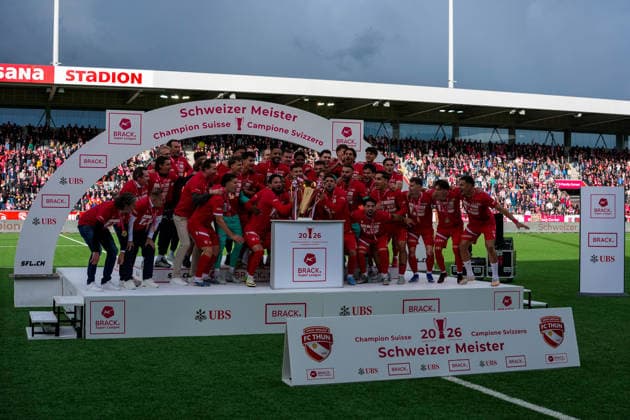 Switzerland Brack Super League 2025 2026, FC Thun vs BSC Young Boys Stockhorn Arena, Thun Team of FC Thun at the trophy presentation as Swiss Champion 2026 after last years promotion to the highest Swiss league, is champion for the first time in the clubs history Thun Stockhorn Arena Bern Switzerland Copyright: xKjetilxWaberx