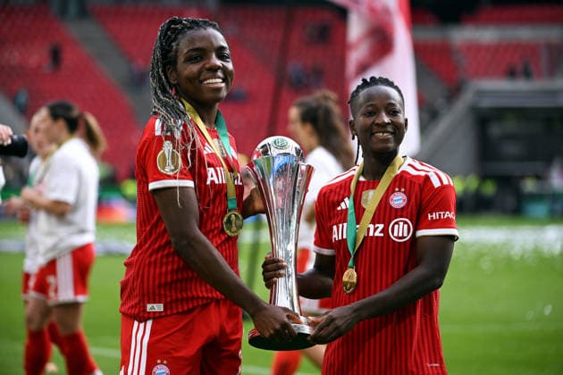 Soccer, Germany, Women, Season 2025 2026, DFB Cup Final, Rhein Energie Stadion Köln, VfL Wolfsburg FC Bayern München 0 4 Jubel FC Bayern, Edna Imade FCB , Bernadette Amani FCB with Cup Jubel, Joy, Action