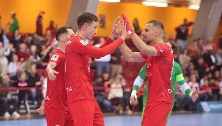 Stuttgart , Futsal Bundesliga Final German Championship Game 2 , TSV Weilimdorf vs HOT 05 Futsal , cheering , from left Davud vehab Amer Dzindic Weil