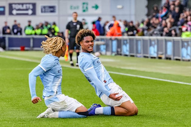 FA Youth Cup Final: Manchester City U18 v Manchester United, ManU U18 Floyd Samba of Manchester City U18 s celebrates his goal to make it 1-0 during the FA Youth Cup Final match Manchester City U18 vs Manchester United U18 at Joie Stadium, Manchester, United Kingdom on 14 May 2026 (Photo by Mark Cosgrove News Images) Manchester Joie Stadium Greater Manchester United Kingdom Copyright: xMarkxCosgrove NewsxImagesx