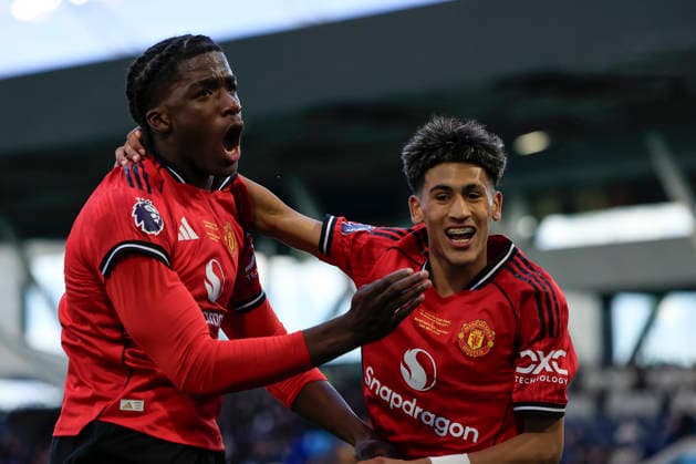U18 Manchester City v U18 Manchester United, ManU FA Youth Cup Godwill Kukonki (5) of Manchester United celebrates scoring to make it 1-1 with JJ Gabriel (10) of Manchester United during the FA Youth Cup Final match between U18 Manchester City and U18 Manchester United at the Joie Stadium, Manchester, UK on 14 May 2026. Manchester Joie Stadium Gt Manchester UK Editorial use only DataCo restrictions apply See www.football-dataco.com , Copyright: xConorxMolloyx PSI-24255-0023