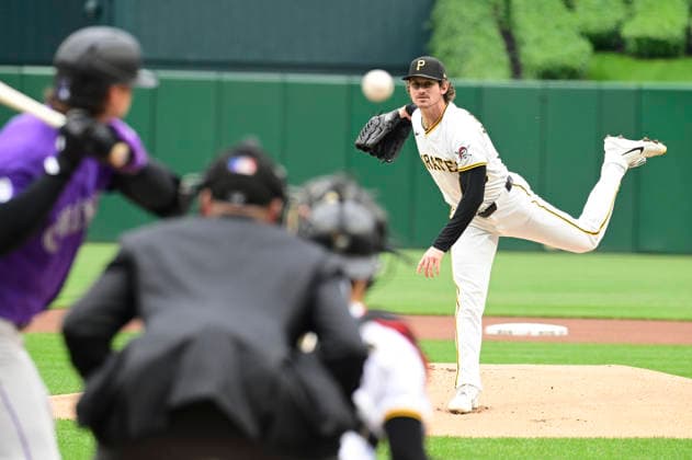 Pittsburgh Pirates pitcher Mason Montgomery (46) starts against the Colorado Rockies at PNC Park on Thursday, May 14, 2026 in Pittsburgh.  PIT2026051402 ArchiexCarpenter
