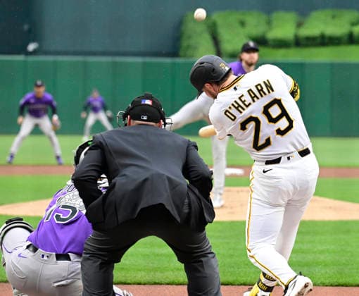 Pittsburgh Pirates right fielder Ryan O Hearn (29) homers scoring two runs in the first inning against the Colorado Rockies at PNC Park on Thursday, May 14, 2026 in Pittsburgh.  PIT2026051404 ArchiexCarpenter